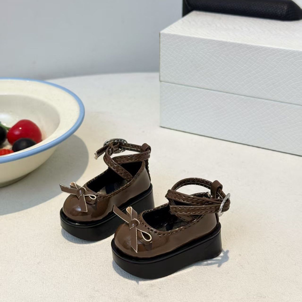 Vintage Collectible And Vintage Dolls - Coffee Brown Bow Platform Doll Shoes,